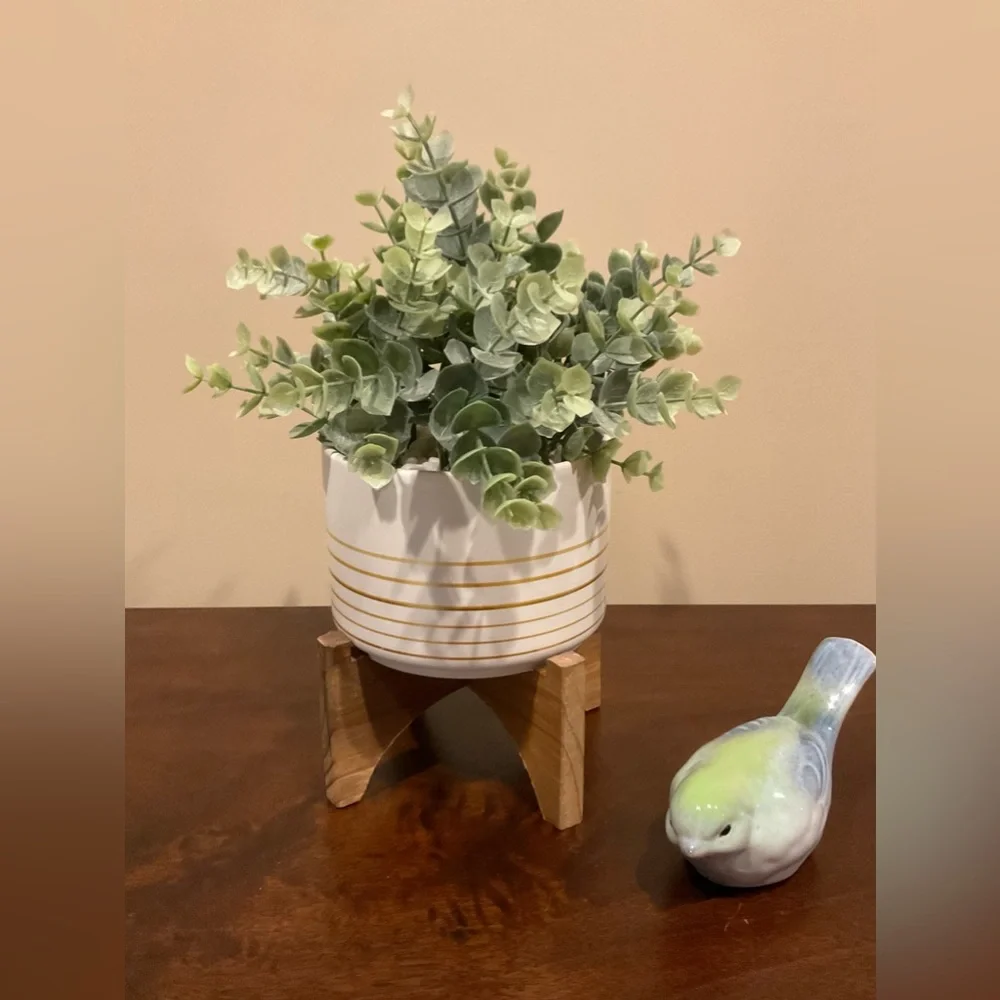 Faux Green Plant in Ceramic Pot On Wood Stand Decor 🪴